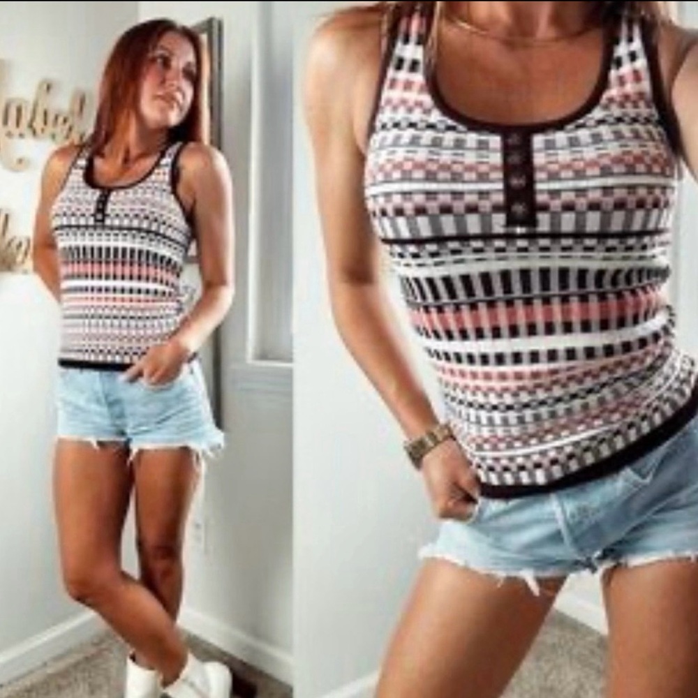 New York & Company Striped Button-Front Tank Top